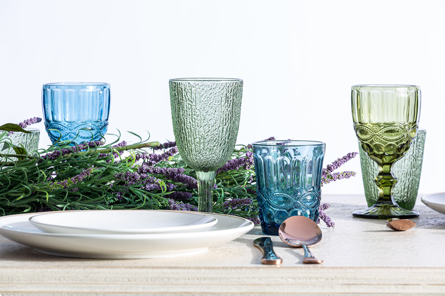 Moss Glass Set of 3 - Textured Green Crystal Glassware