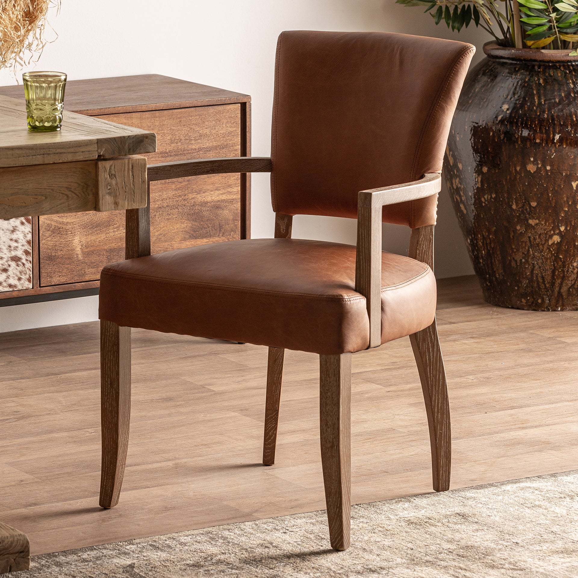 Tolla Vintage Leather Chair - Brown Leather & Birch Wood