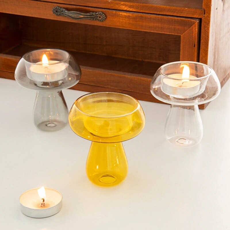SkandiShop Mushroom Glass Candlestick Ins Transparent Candle Holder