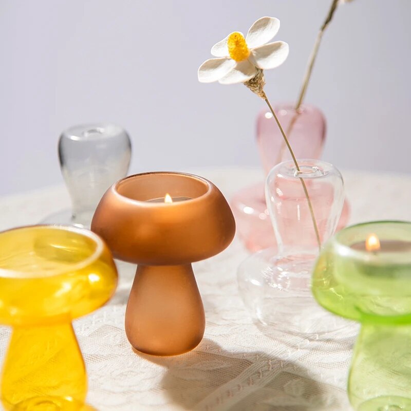 SkandiShop Mushroom Glass Candlestick Ins Transparent Candle Holder