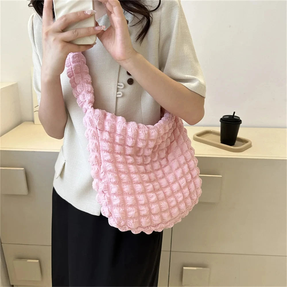 Crossbody Bag with Pleated Design - Embroidered Plaid Shoulder Bag for Women