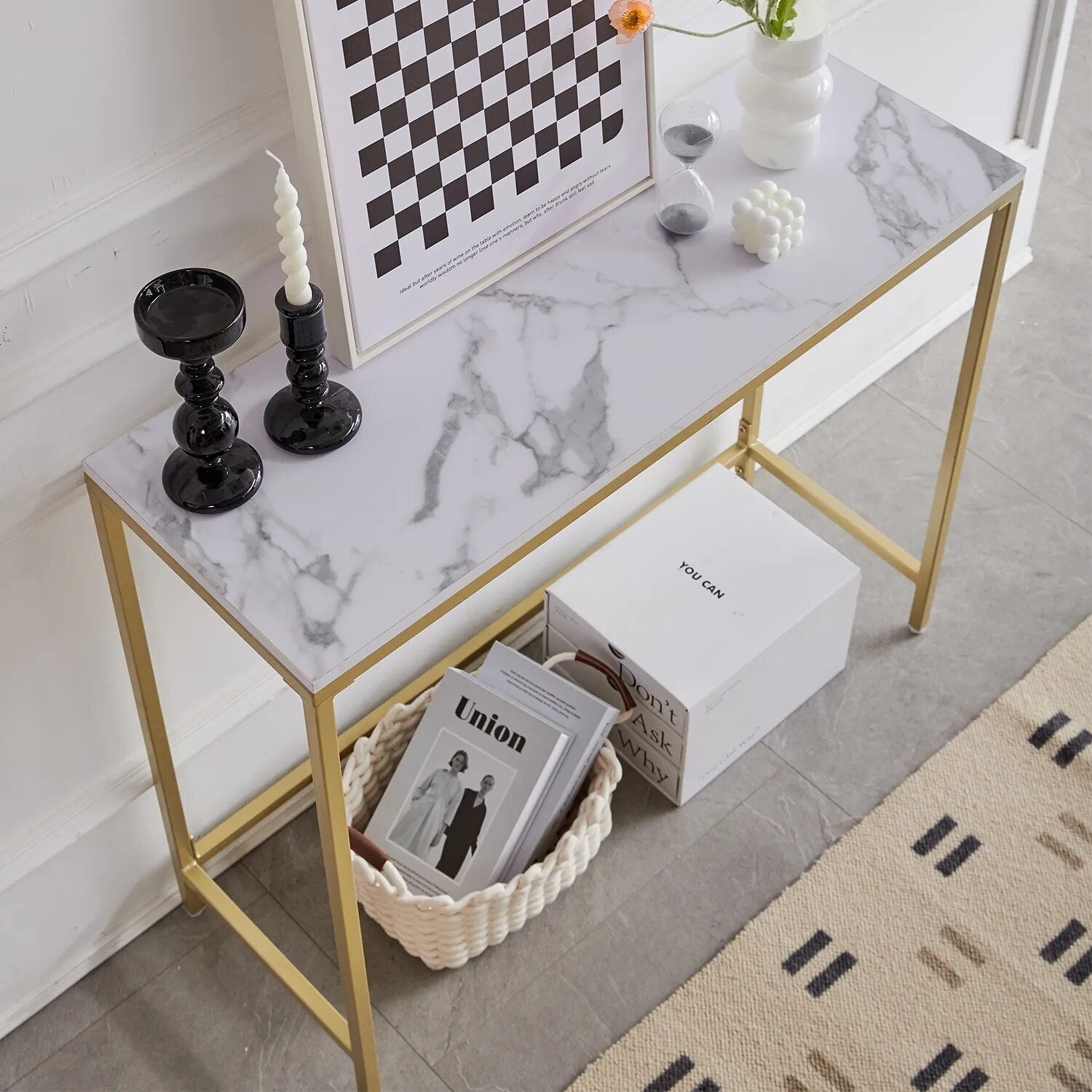 SkandiShop Modern Accent Console Table Gold Metal Frame