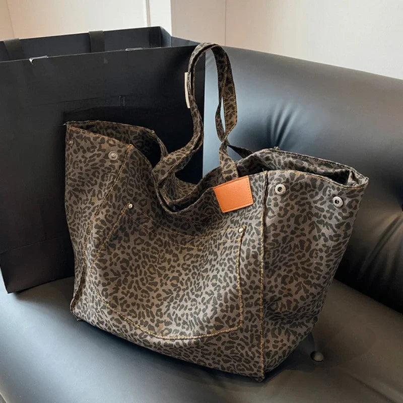 Oversized Leopard Print Canvas Tote Bag