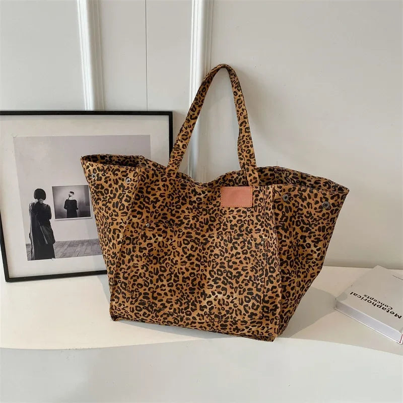 Oversized Leopard Print Canvas Tote Bag