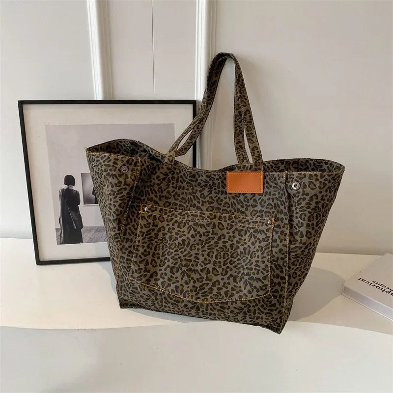 Oversized Leopard Print Canvas Tote Bag
