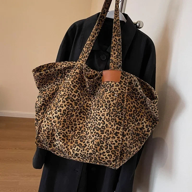 Oversized Leopard Print Canvas Tote Bag