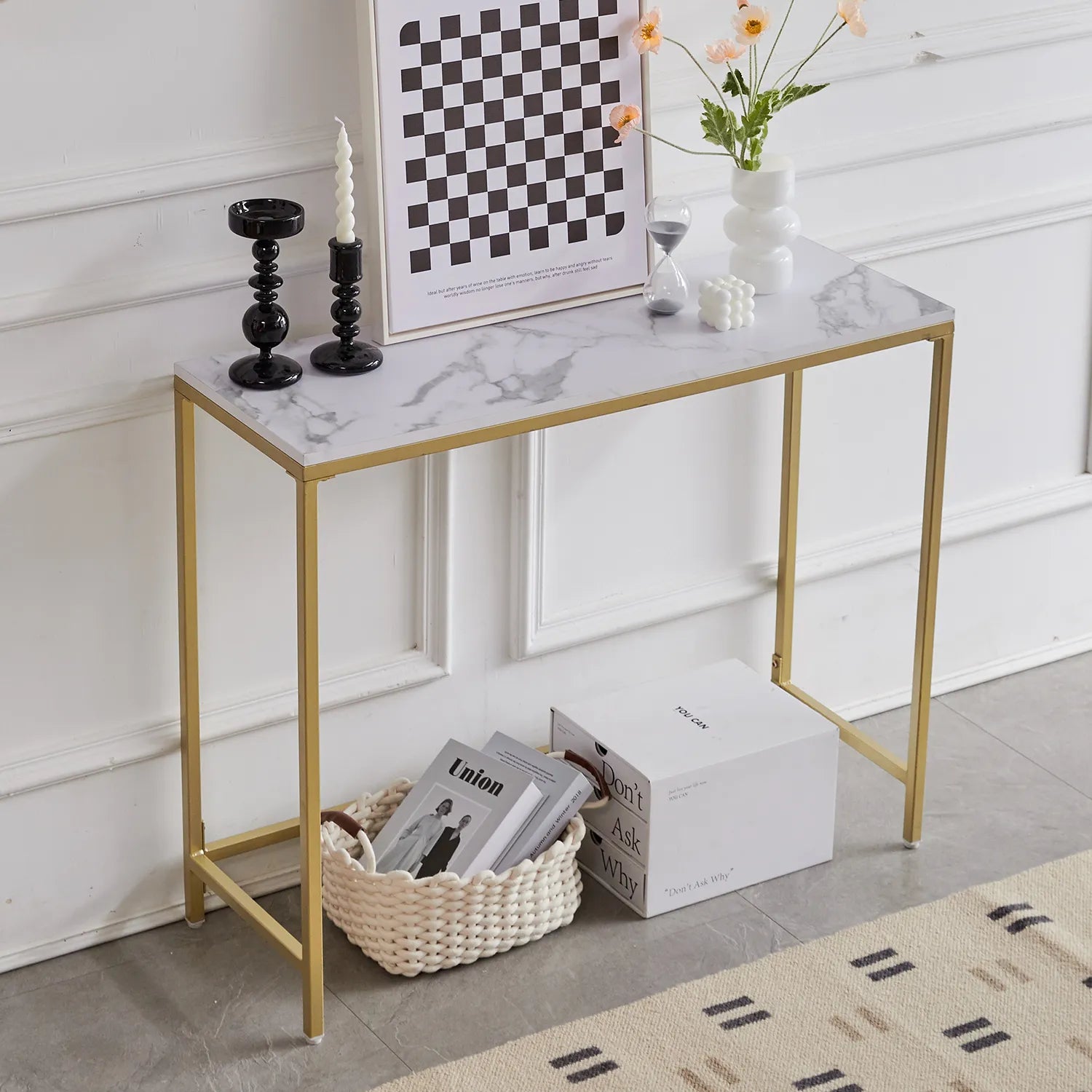 SkandiShop Modern Accent Console Table Gold Metal Frame