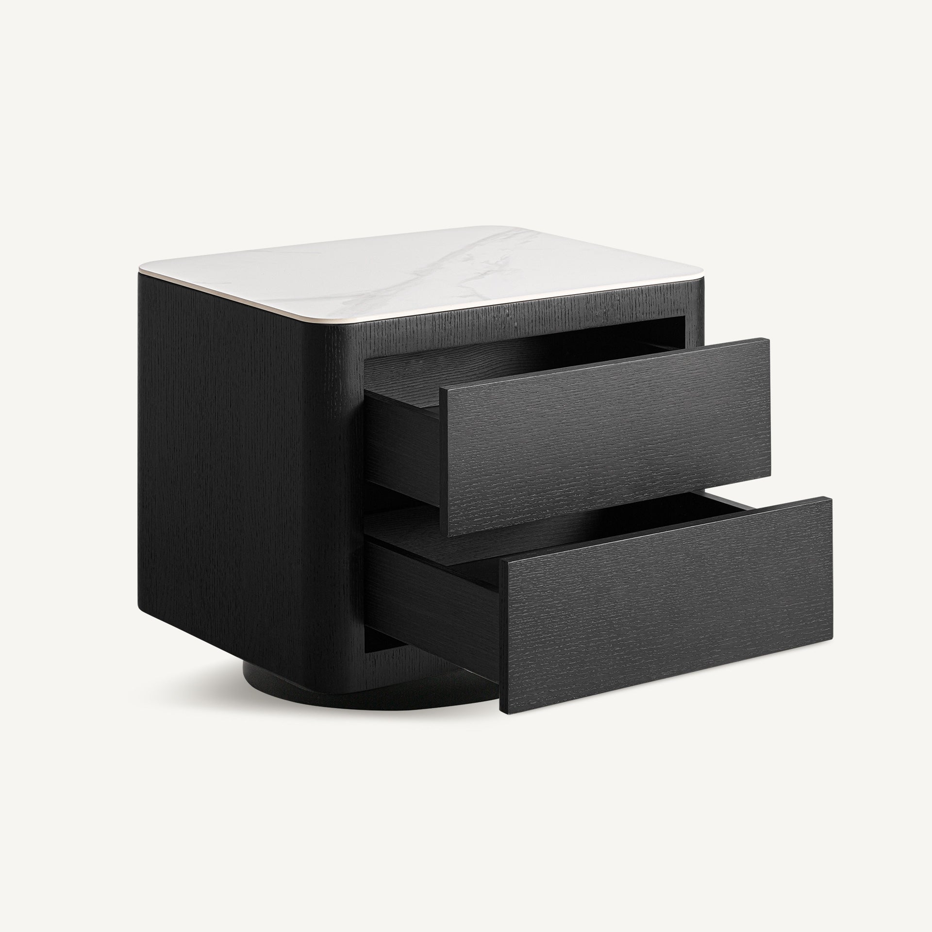 Wholen Art Deco Bedside Table – Black MDF with Grey Oak & Stone Top
