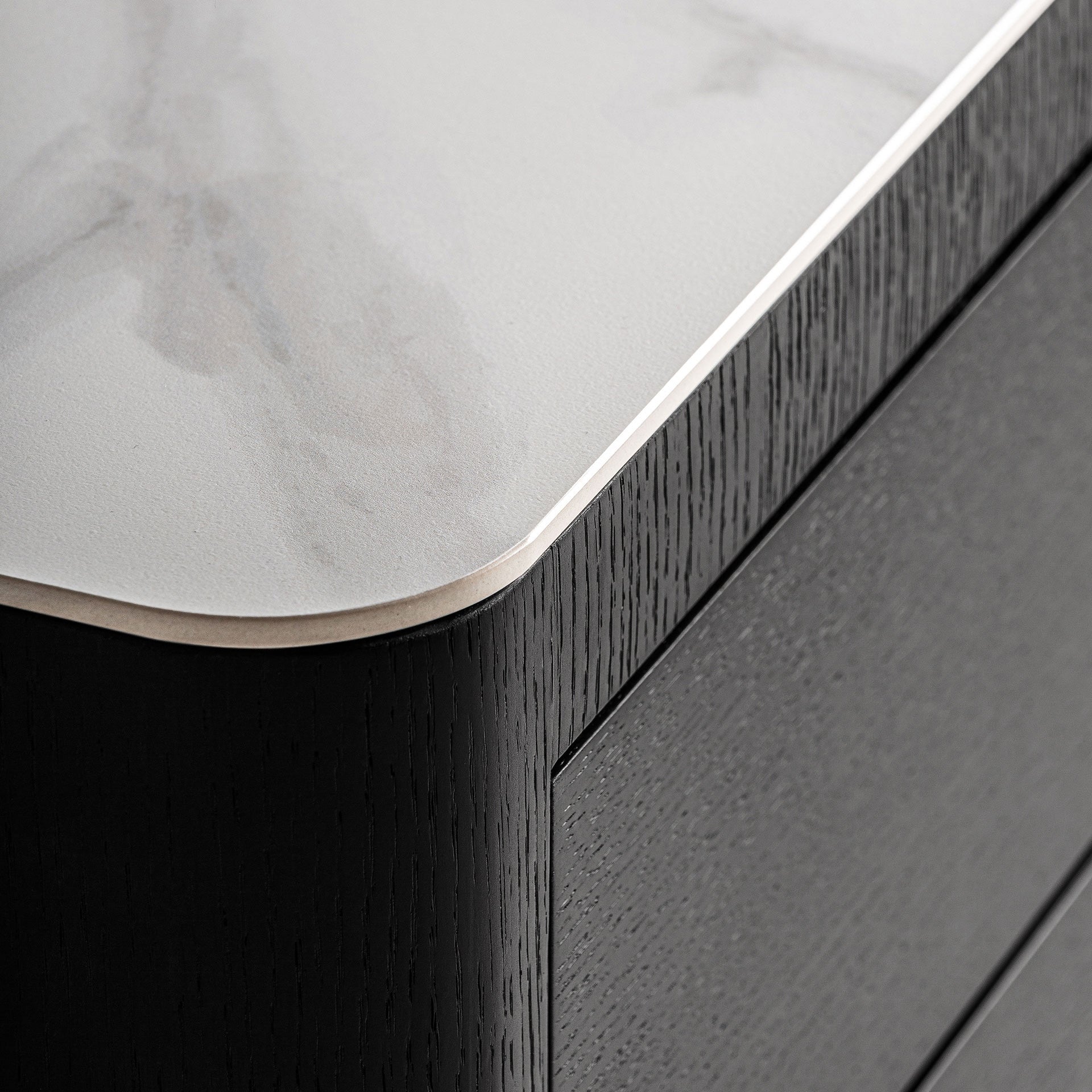 Wholen Art Deco Bedside Table – Black MDF with Grey Oak & Stone Top